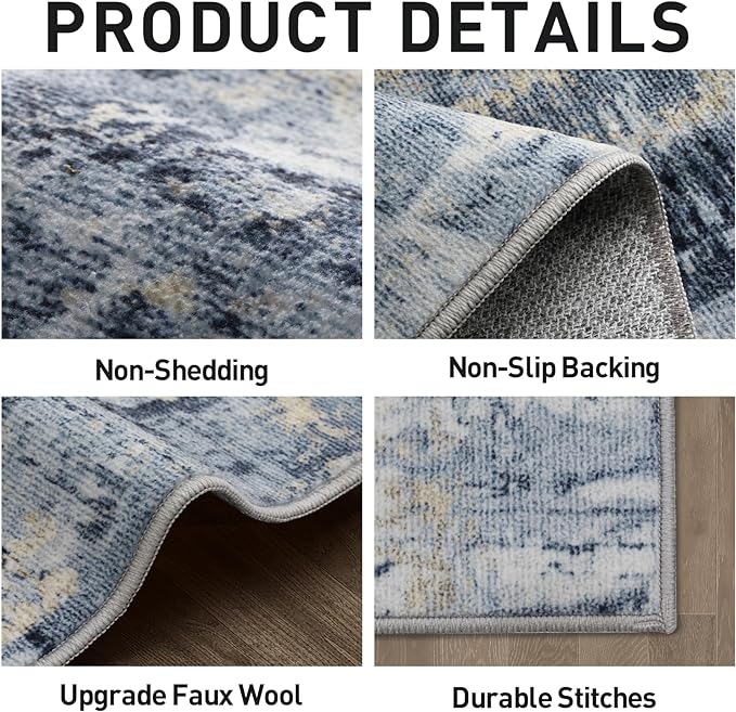 5x7 Area Rugs for Living Room: Washable Abstract Blue Gold Badroom Carpet |