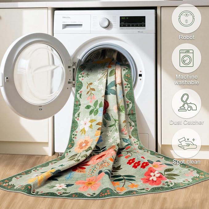 PLHXFR 2.6x14 Washable Runner Rug：Floral Indoor Kitchen Soft Carpet Green |