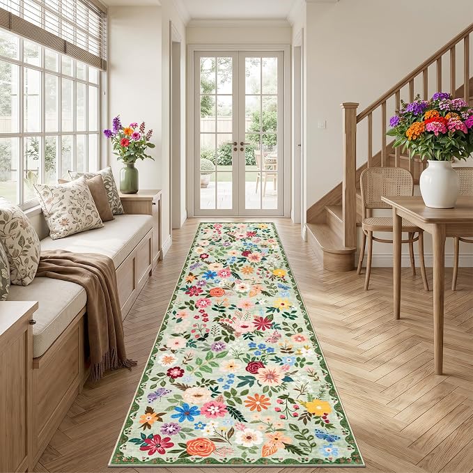 PLHXFR 2.6x14 Washable Runner Rug：Floral Indoor Kitchen Soft Carpet Green |