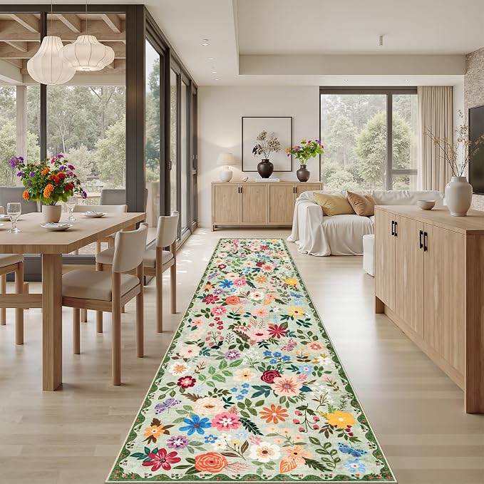 PLHXFR 2.6x14 Washable Runner Rug：Floral Indoor Kitchen Soft Carpet Green |