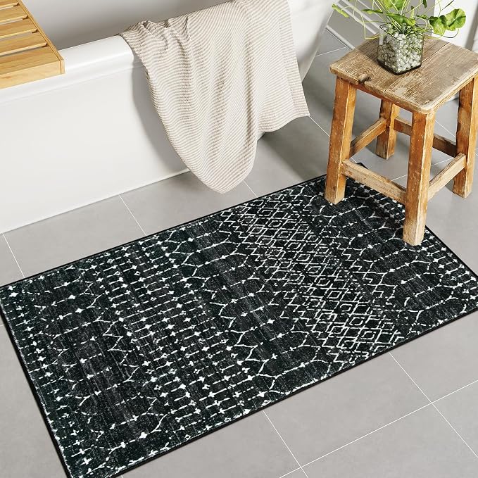 Lahome Moroccan Black Area Rug Non-Slip Low-Pile Washable Entryway Rug Kitchen