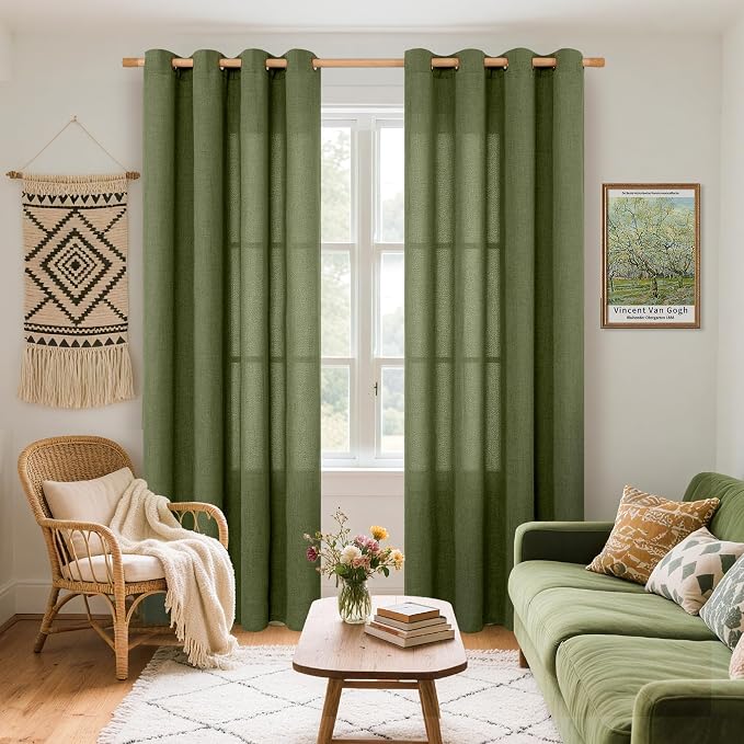 YoungsTex Olive Green Linen Semi Sheer Curtains 80 Inch Length 2 Panels | Light