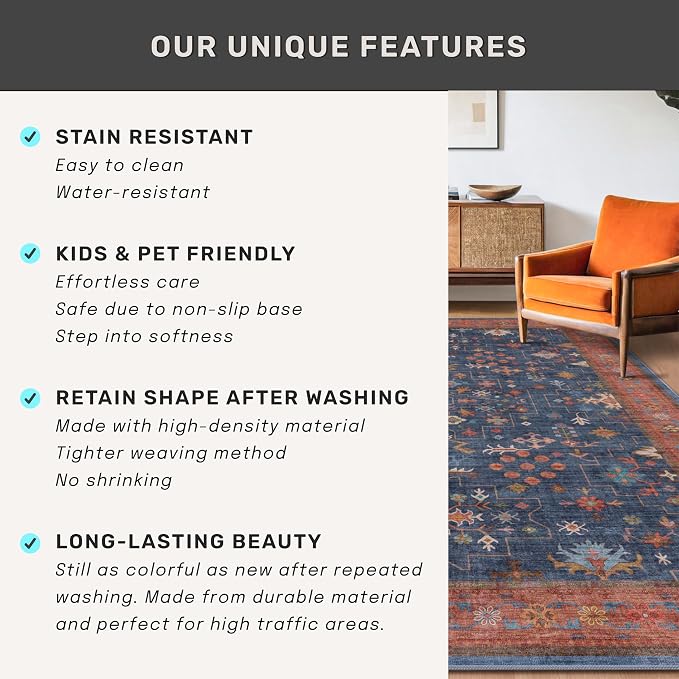 Washable Navy Blue Living Room Rug, 8x10 Area Rug