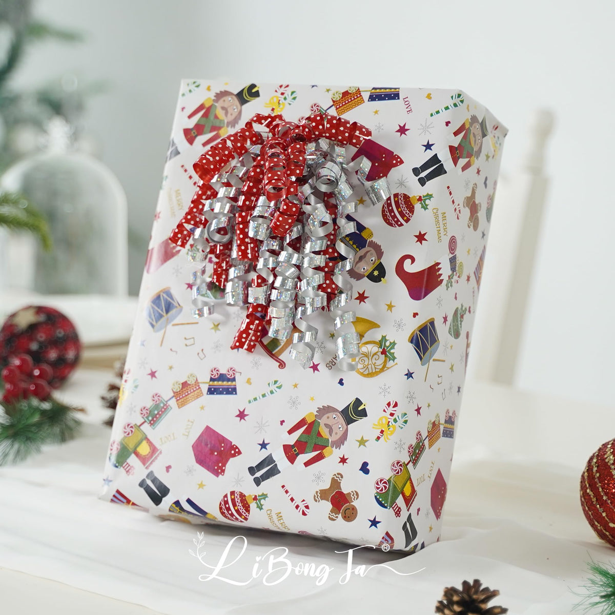 LiBongTa 12 PCs Bows 5" Silver and Red Bow Ornaments with White Dots