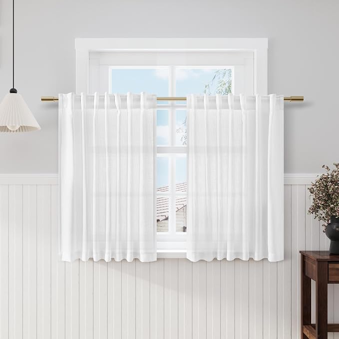 White Kitchen Cafe Curtains 45 Inch Length 2 Panel Set Back Tab Pocket Semi