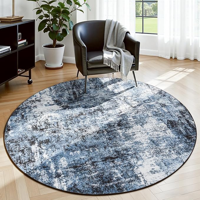 Rugflix Round Area Rugs 4Ft for Living Room, Washable Navy Blue Circle Rug |