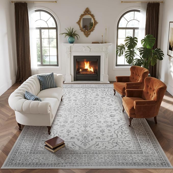 8x10 Boho Washable Area Rugs for Living Room, Dining Room-Gray White | Retro