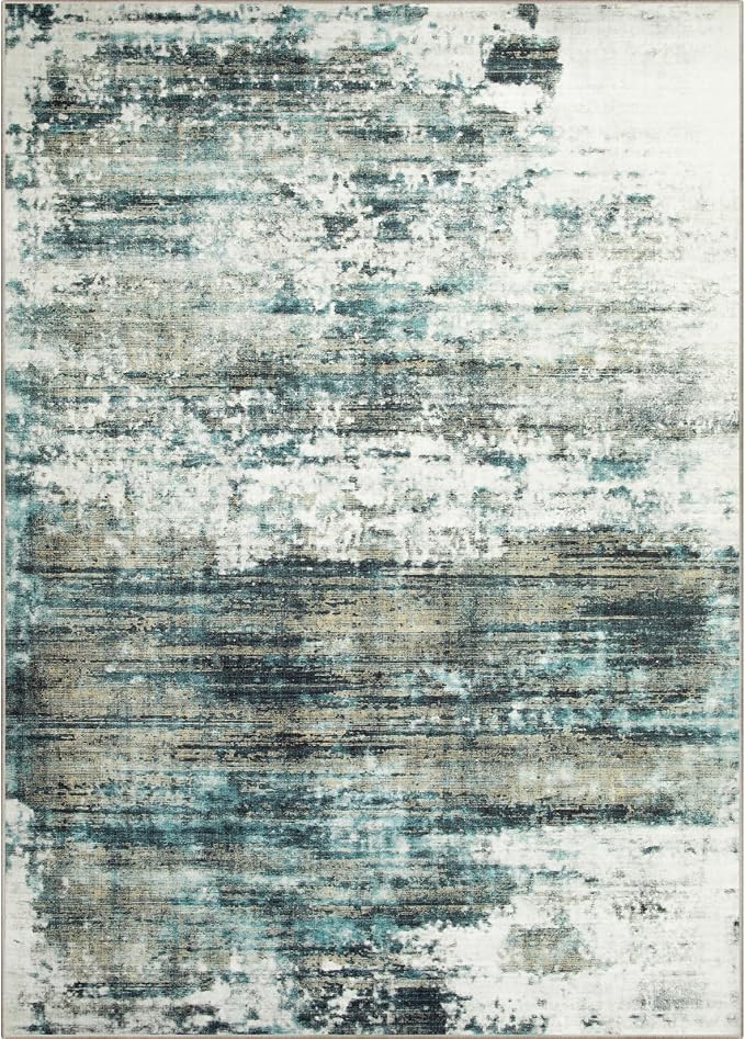 5x7 Area Rugs for Living Room: Washable Abstract Teal Green Badroom Carpet |