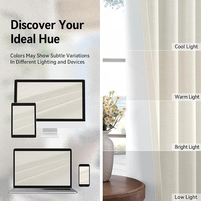 100% Blackout Linen Textured Curtains 72 Inch Long, Light Blocking, Thermal