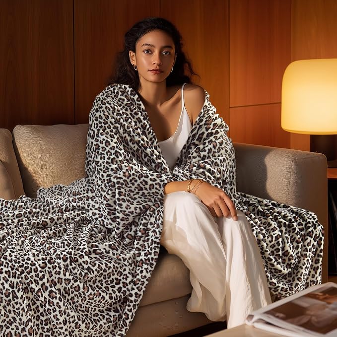 BEDELITE Fleece Blanket Soft Plush Twin Size Blanket White Leopard 60"x80" |