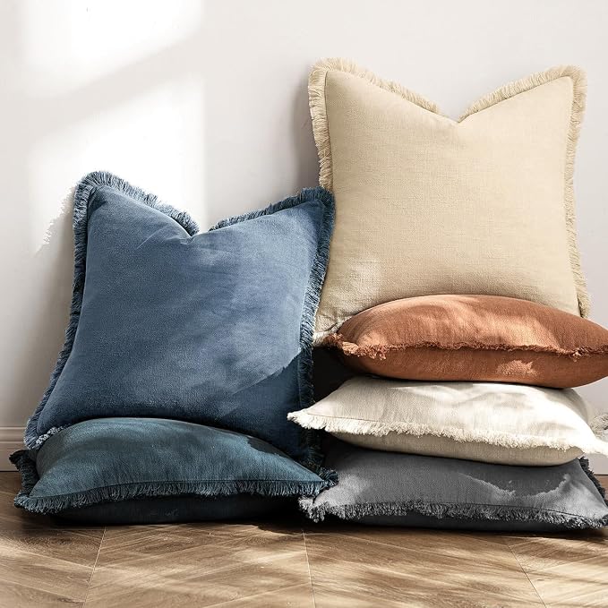 MIULEE Linen Fringe Decorative Euro Throw Pillow Covers Blue Ashes 28x28 | Set