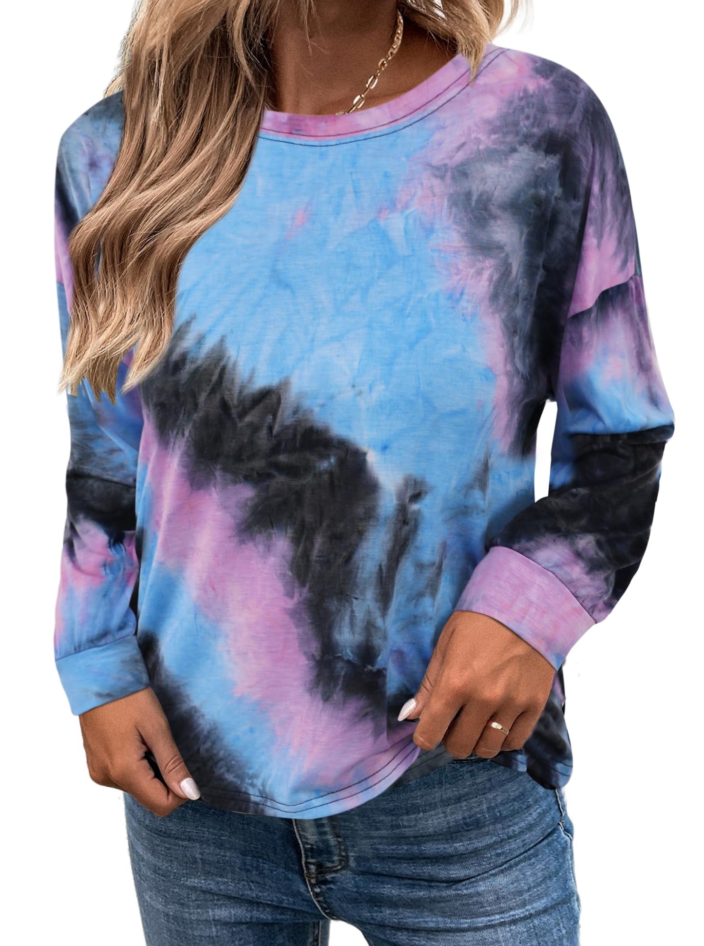 LilyCoco Long Sleeve Open Back Criss Cross Tie Dye Top Black Size L