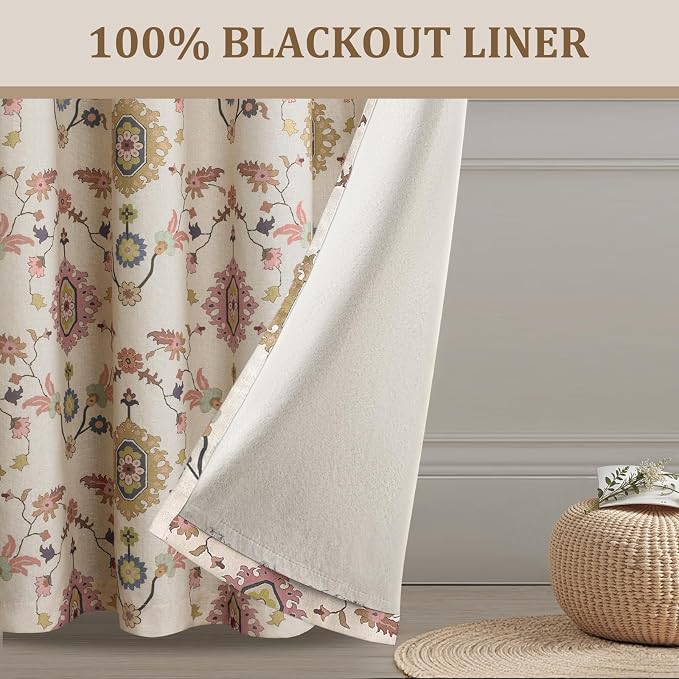 Boho Floral 100% Grommet Blackout Curtains 96 Inch 2 Panels | Colorful Bohemian