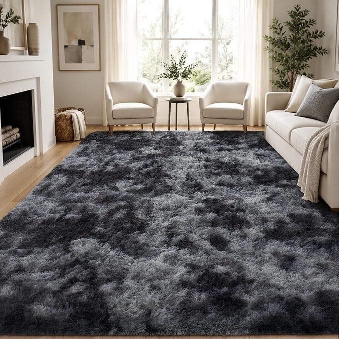 PLHXFR 9x12 Area Rugs Living Room: Fluffy Bedroom Soft Shag Rug Black Grey |