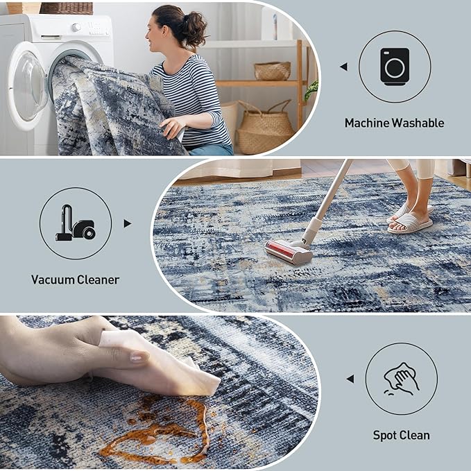5x7 Area Rugs for Living Room: Washable Abstract Blue Gold Badroom Carpet |