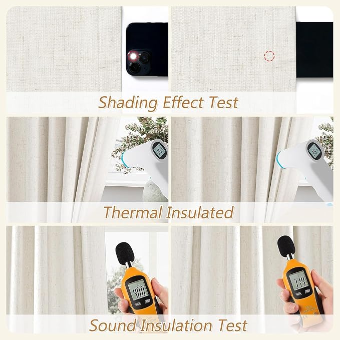 100% Blackout Linen Curtains for Bedroom 90 Inches Long Natural Cream Black Out