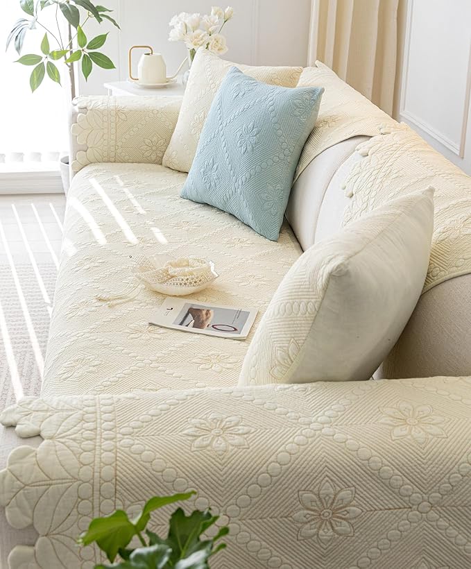 Cotton Quilted Dog Couch Cover for Sofa Farmhouse Rustic Embroidery Sectional