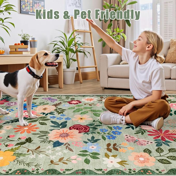 PLHXFR 2.6x14 Washable Runner Rug：Floral Indoor Kitchen Soft Carpet Green |
