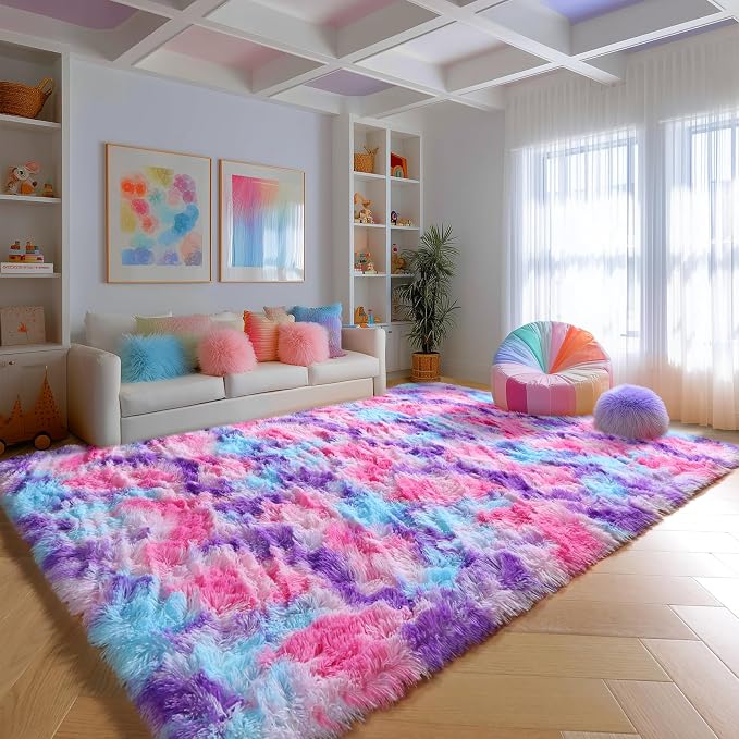 Rainbow Purple Rugs for Girls Bedoom 5x7 Ft, Fluffy Pastel Princess Carpet |