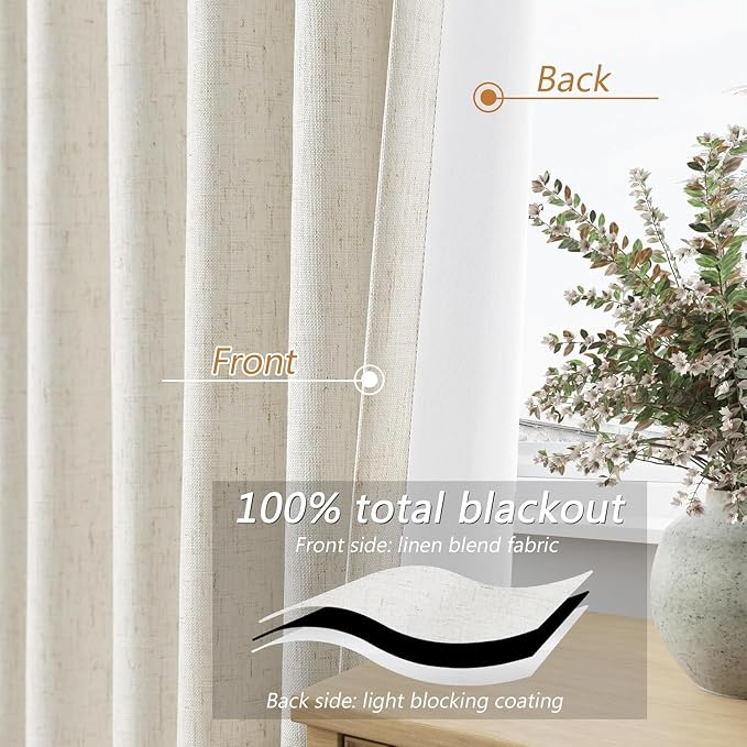 100% Blackout Linen Curtains for Bedroom 90 Inches Long Natural Cream Black Out