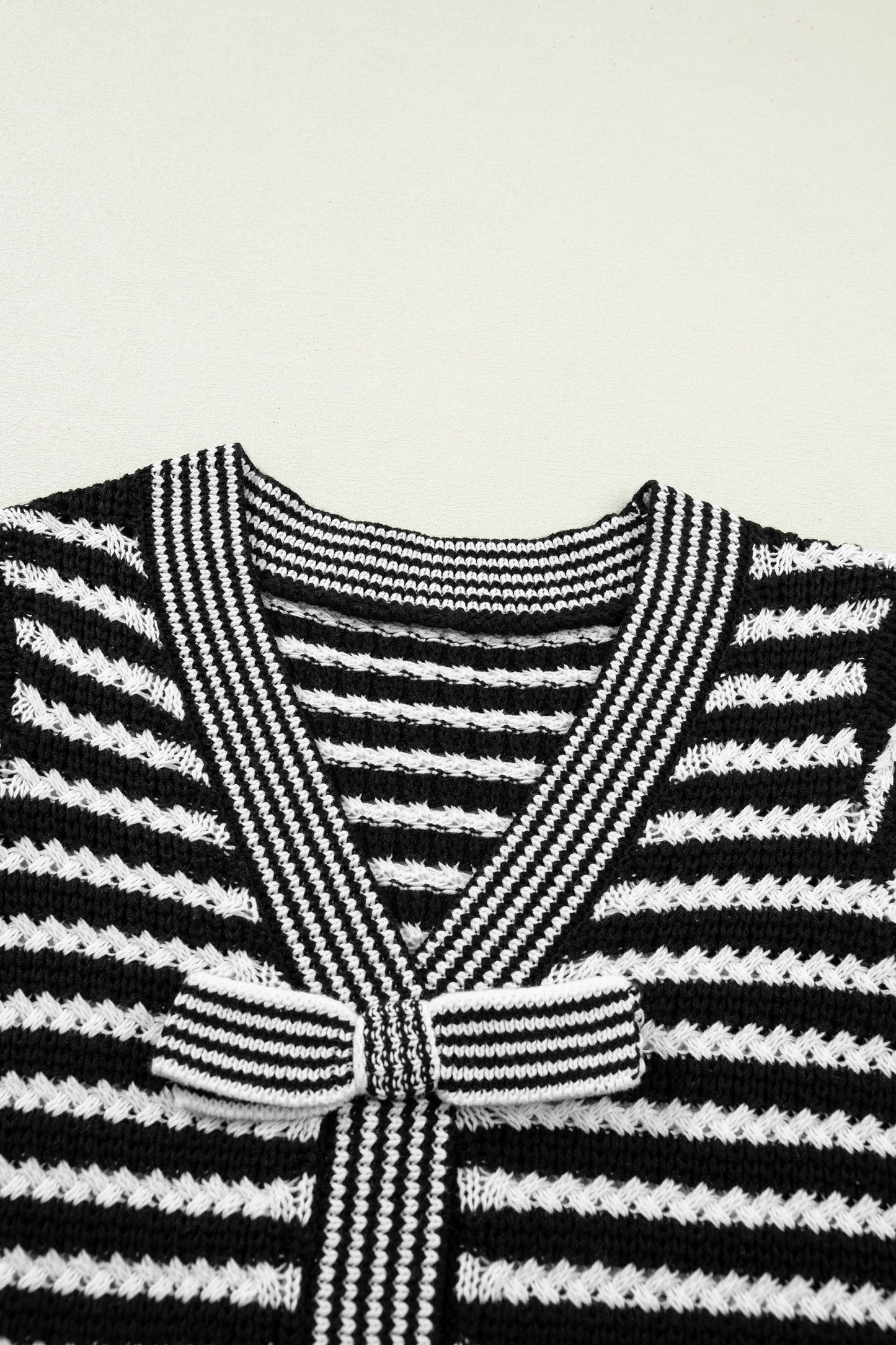 Stripe Bow Tie V-Neck Short Sleeve Sweater