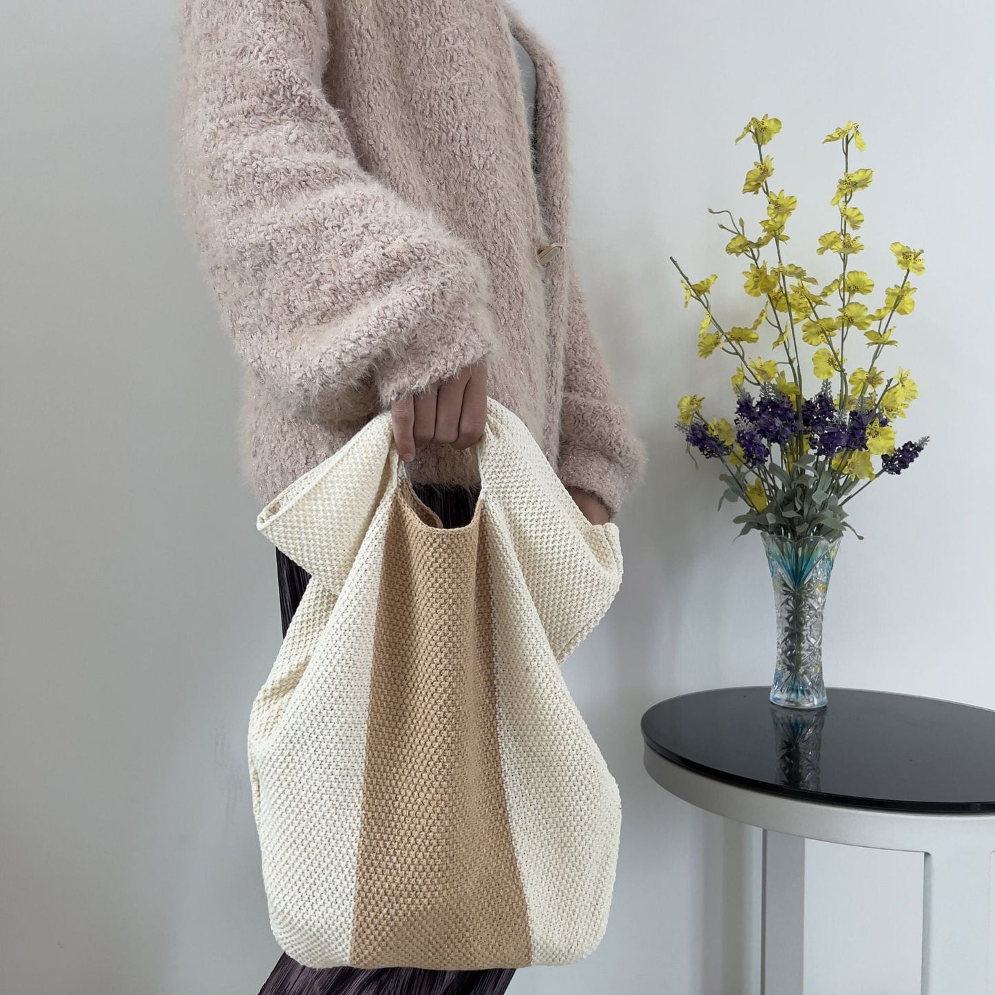Casual Striped Knitting Large Tote Bag Panelled Crochet Women Handbags Handmade Summer Beach Woven Bag Simple Shopper Purse 2022