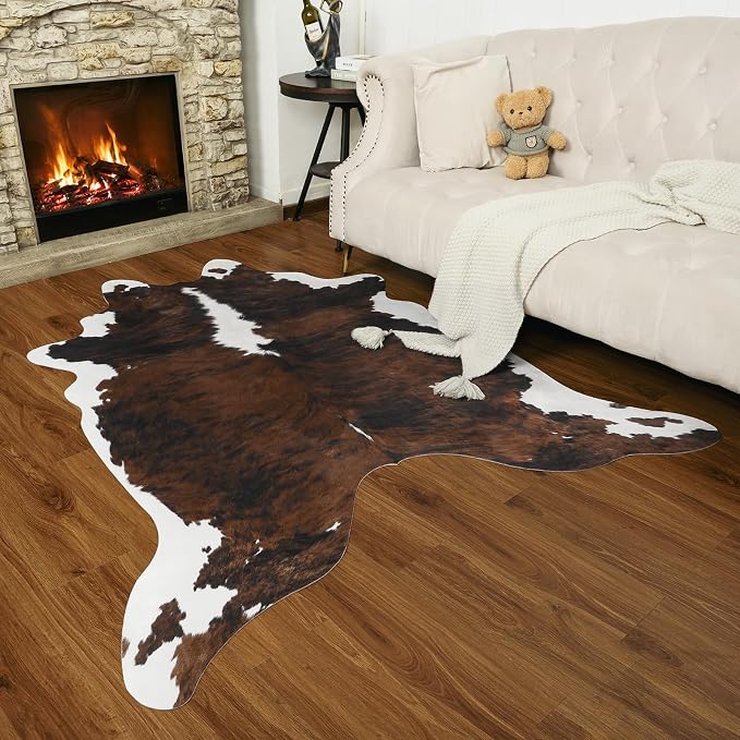 Faux Cowhide Rug, Animal Cow Hide Rug, 4.6 x 5.2 Ft Black and Brown | Premium
