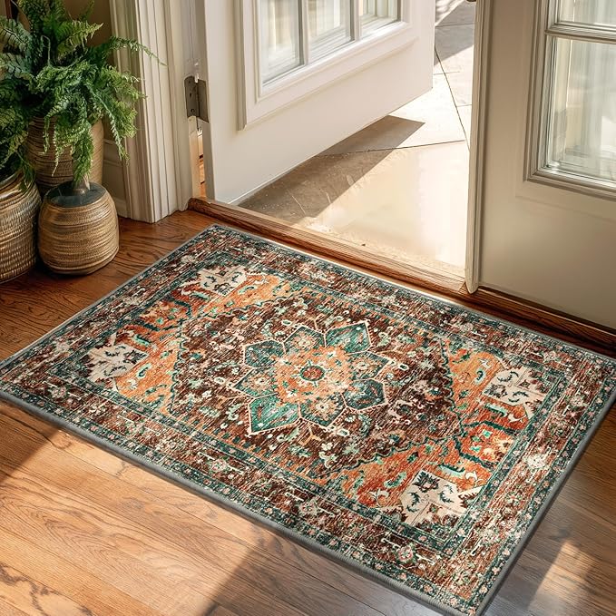 Yamaziot Washable Area Rug, 2x3 Small Boho Vintage Entryway Non-Slip Rug |