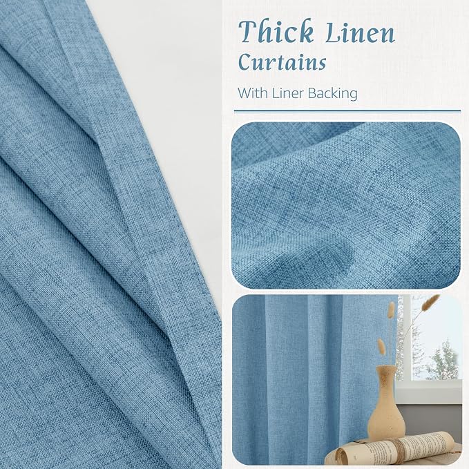 Blue 100% Blackout Linen Window Curtains