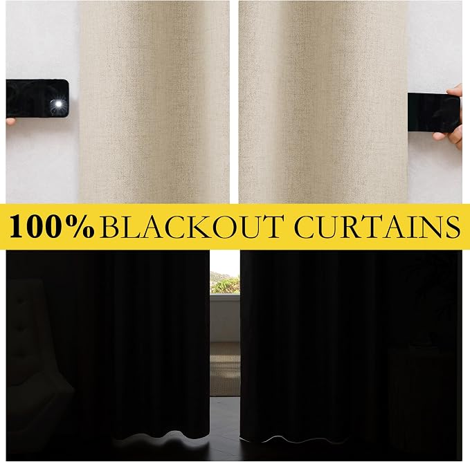 NICETOWN Cream 100% Blackout Linen Curtains 84 inch Long Burg