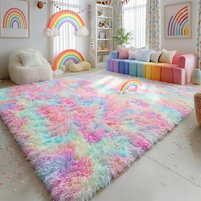 Amdrebio Rainbow Unicorn Large Fuzzy Rug 8x10