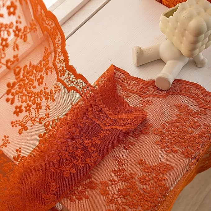 YJ YANJUN Vintage Lace Curtains 90 Inches Long-Rustic Floral Burnt Orange Sheer