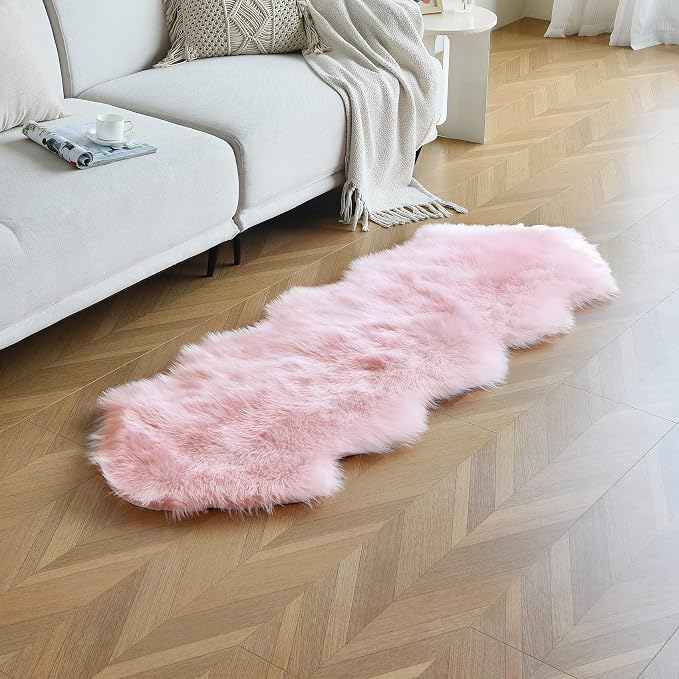 duduta Pink Faux Sheepskin Runner Rugs 2x6 ft, Fluffy Fur Couch Covers | Shag
