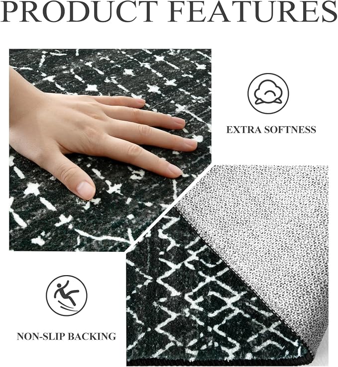 Lahome Moroccan Black Area Rug Non-Slip Low-Pile Washable Entryway Rug Kitchen