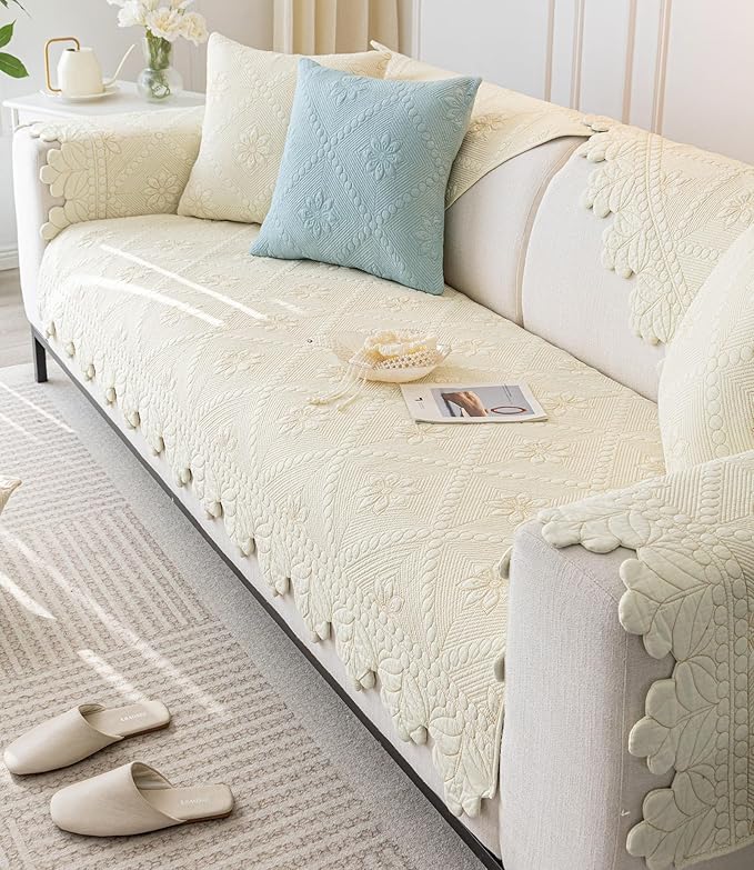 Cotton Quilted Dog Couch Cover for Sofa Farmhouse Rustic Embroidery Sectional