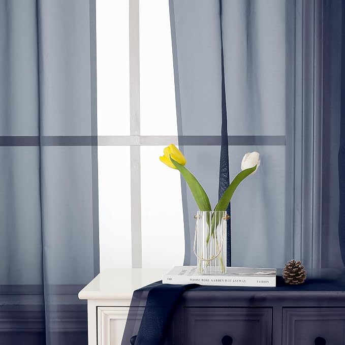 Navy Blue Sheer Curtains 78 Inches Long 2 Panels, Light Filtering Voile Airy