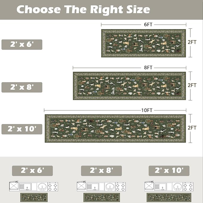 Dark Green Floral Hallway Runner Rug 2x6
