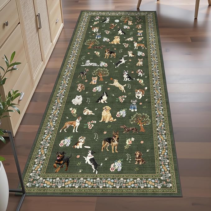 Dark Green Floral Hallway Runner Rug 2x6