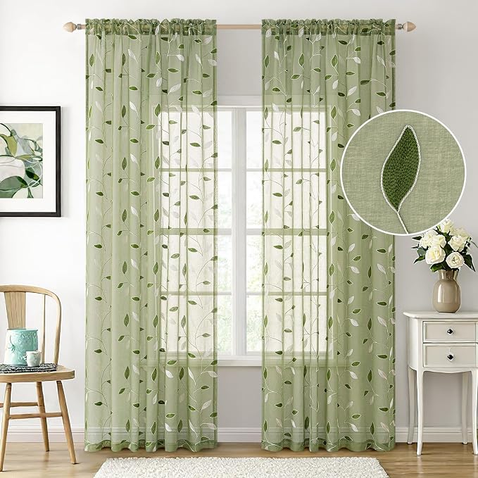 MIULEE Sage Green Sheer Curtains 2 Panels Leaf Patterned, W52 x L84 |