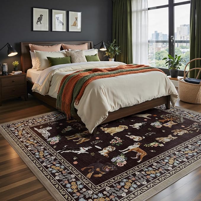 Black Floral Area Rug 6x9 for Living Room Bedroom | Ultra-Thin; Easy Clean; Non