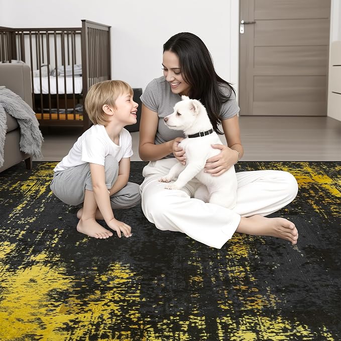 3x10 Washable Runner Rug：Modern Abstract Soft Carpet Black Gold |