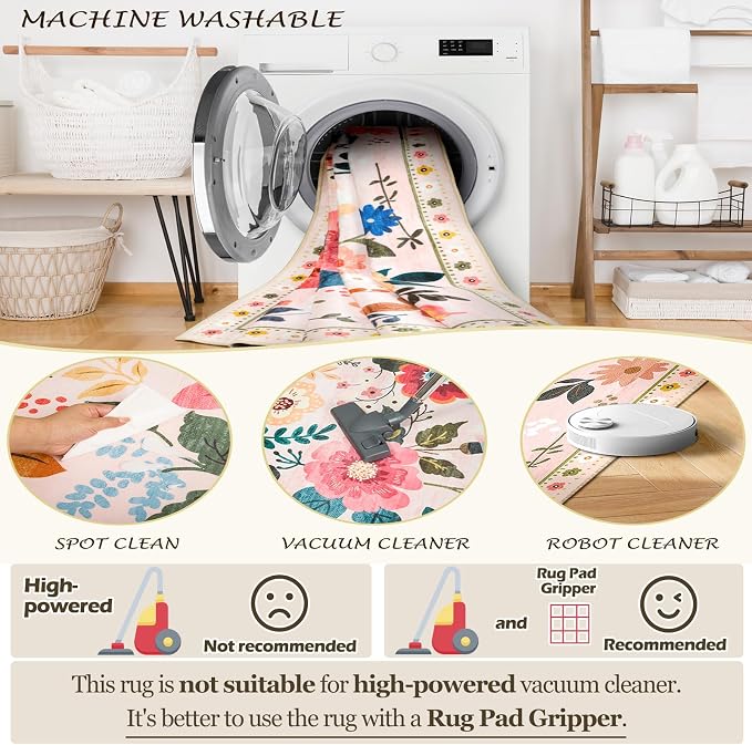 RELEANY Floral Washable 4x6 Area Rugs Pink | Flower Carpet Print Boho Cute Non