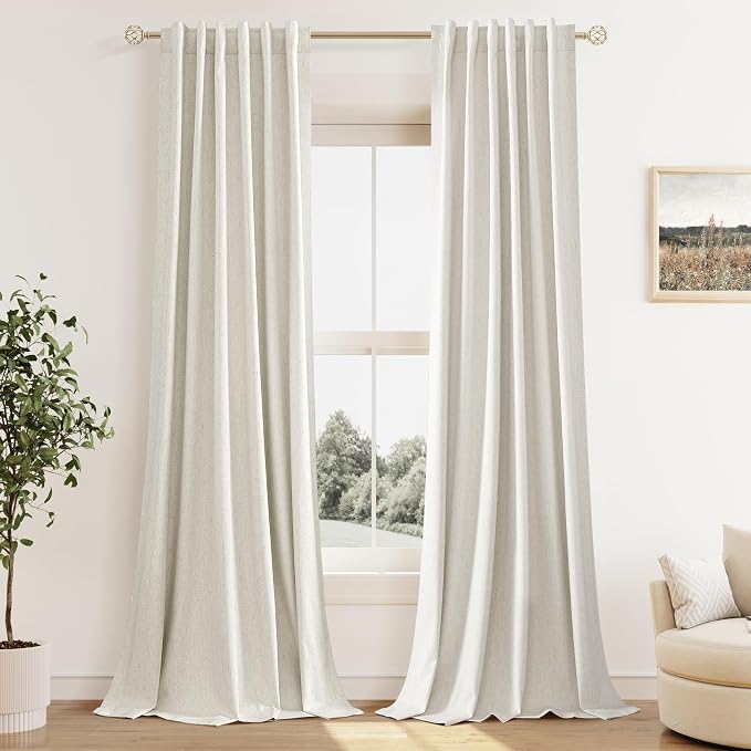 100% Blackout Linen Curtains for Bedroom 90 Inches Long Natural Cream Black Out