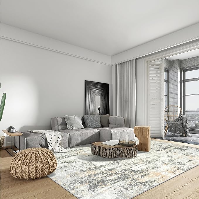 6x9 Area Rugs for Living Room: Washable Abstract Grey Brown Badroom Carpet |