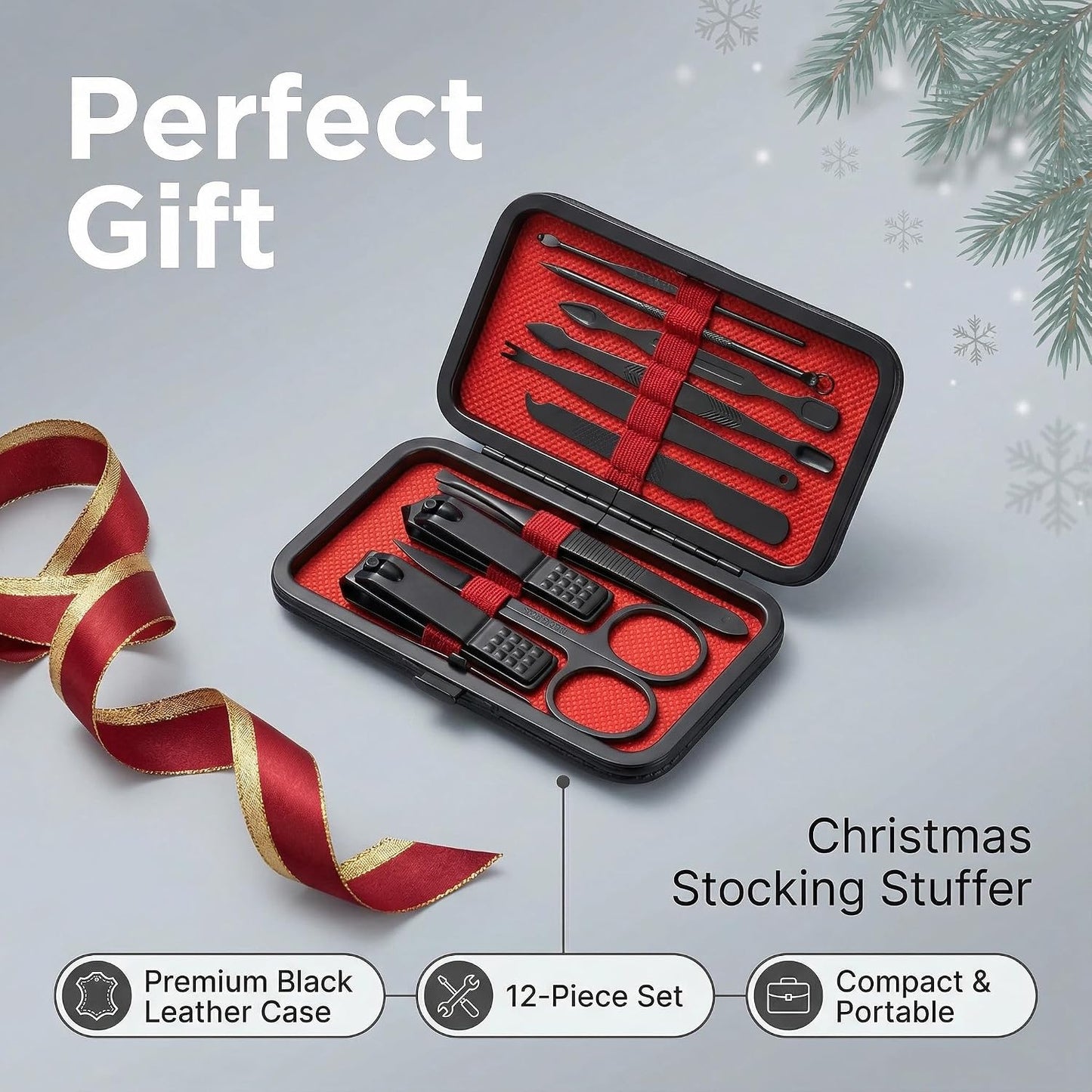Luxury 10-in-1 Professional Manicure Set - Premium Stainless Steel Nail Clippers & Grooming Kit with Elegant Travel Case for Ultimate Hand, Foot & Facial Care (Black/Red)