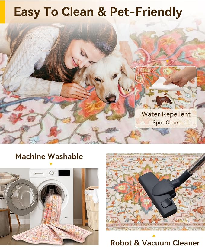 RELEANY Washable Area Rug, Round 7ft, Water Repellent, Pet Friendly, Vintage