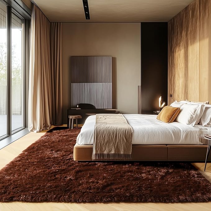 Brown Rugs for Living Room Bedroom, 5x8 Fluffy Bedside Area Rug, Soft Plush