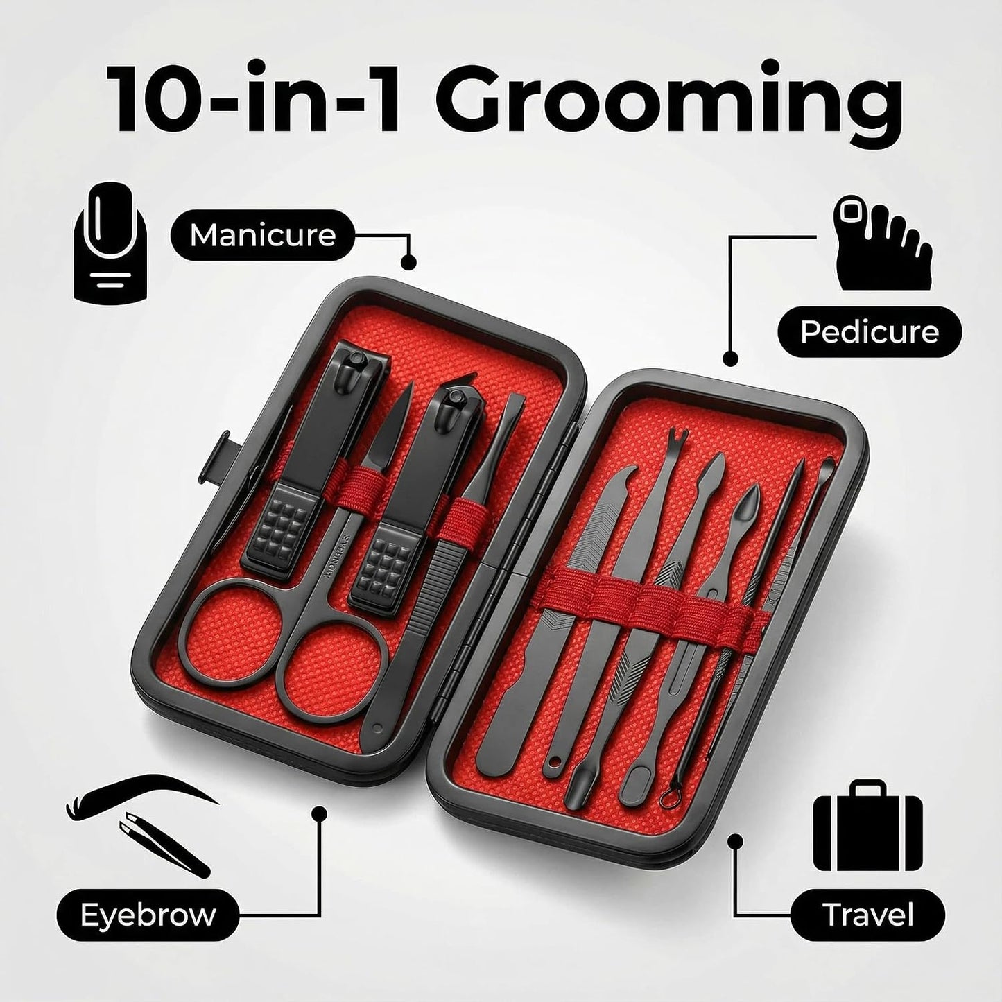 Luxury 10-in-1 Professional Manicure Set - Premium Stainless Steel Nail Clippers & Grooming Kit with Elegant Travel Case for Ultimate Hand, Foot & Facial Care (Black/Red)