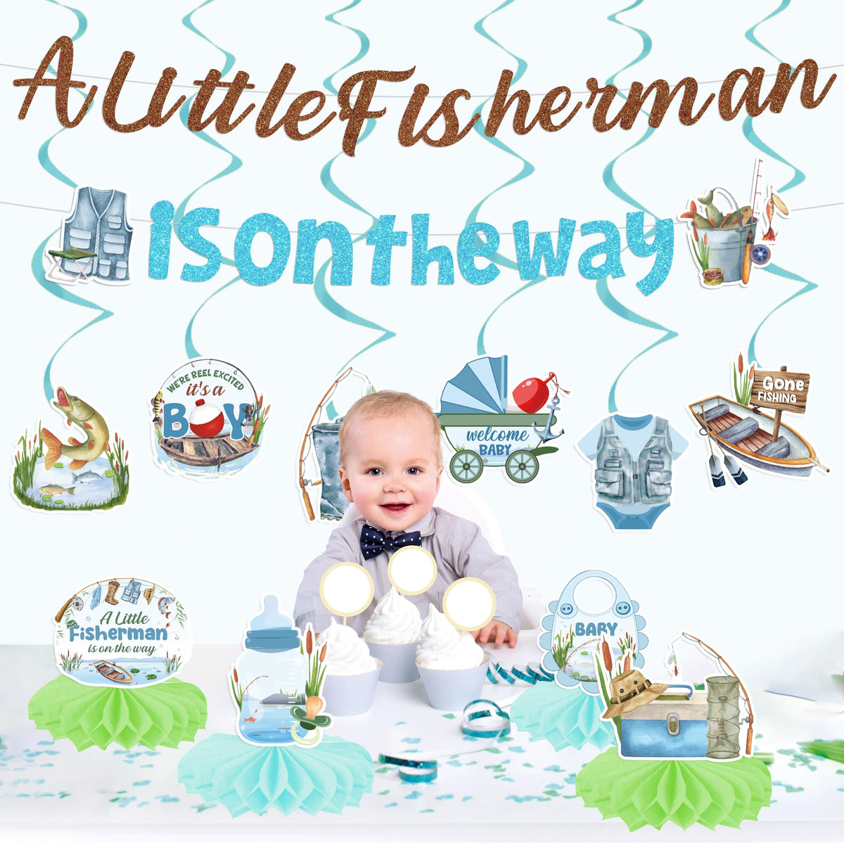 Fishing Baby Shower Decor Set: 2 Banners, 6 Swirls, 4 Honeycomb Decor