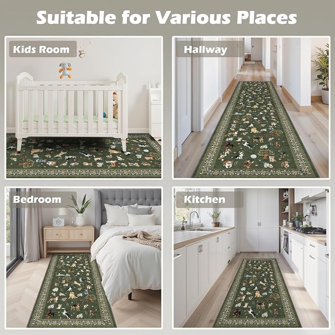 Dark Green Floral Hallway Runner Rug 2x6